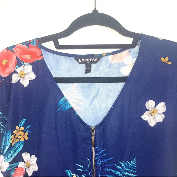 Express Blue Multicolor Tropical Floral Print Zip Front Blouse Small Women’s - Picture 2 of 12